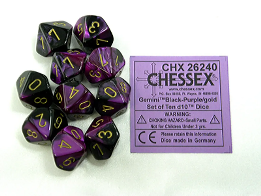 Chessex Gemini Noir-Violet avec Chiffres Or : Set de 10 Dés D10 RPG