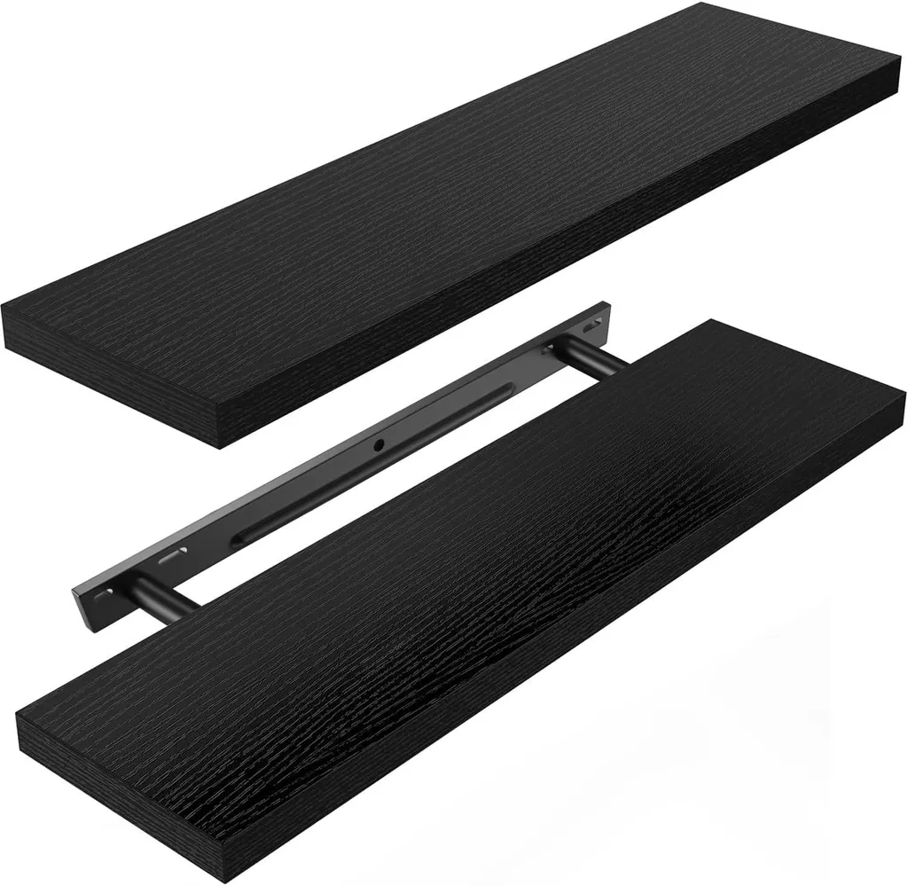 Double étagère murale robuste noire 60 cm charge 20kg surface lisse