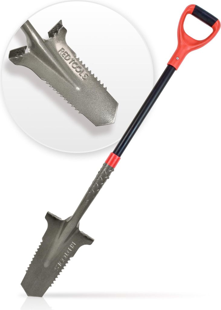 Red Tools Gärtnerspaten Power Head - Spaten mit Wurzelsäge - 115cm - hochwertiges Spatenblatt für steinige & Harte Böden - mit Trittkante und b...