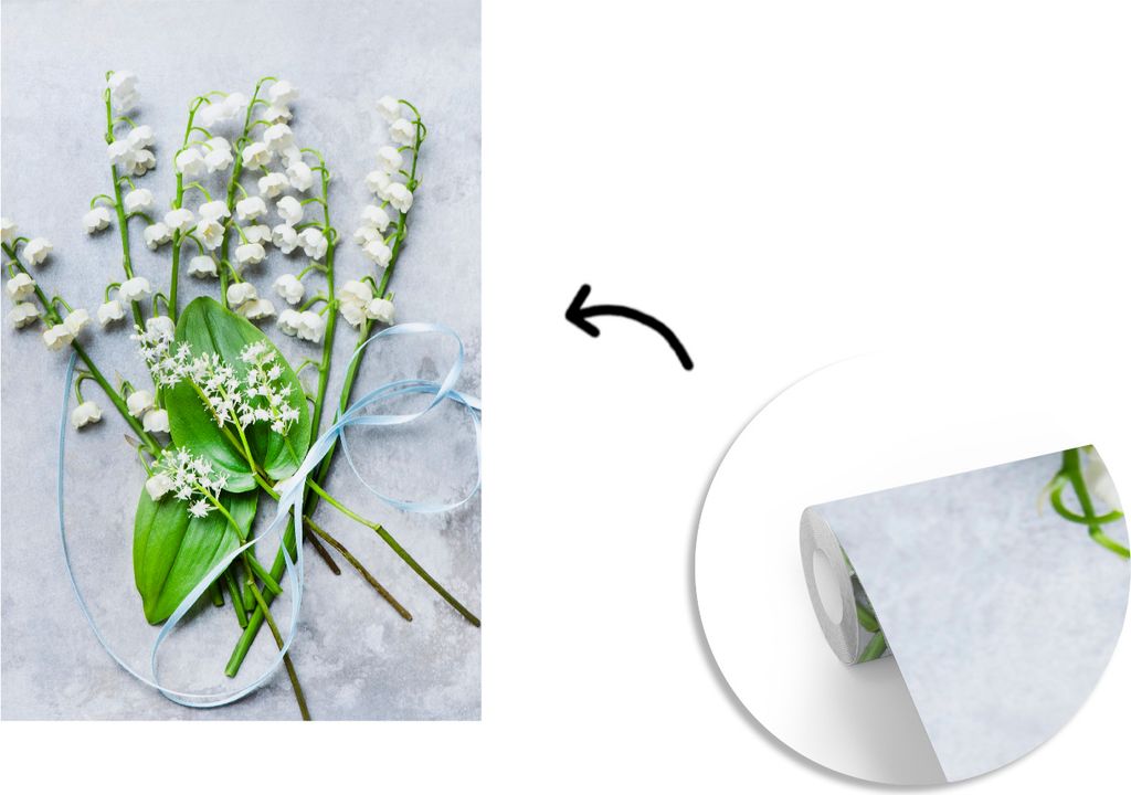 MuchoWow Fototapete für Wohnzimmer oder Schlafzimmer Wandtapete Vinyl Motivtapete Eine Reihe von Maiglöckchen, umgeben von einer Schleife - 175...