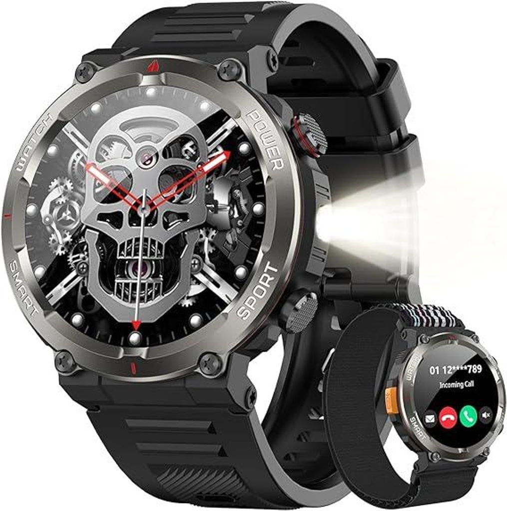 Herren Smartwatch mit 100 Tage Standby, LED Taschenlampe & Kompass, 1,45 Zoll Display, Bluetooth Anrufe, 100+ Sportmodi, IP68