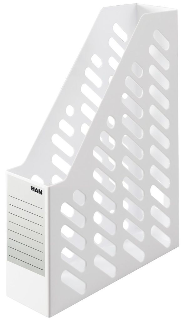 A white plastic magazine file holder with a perforated design.
