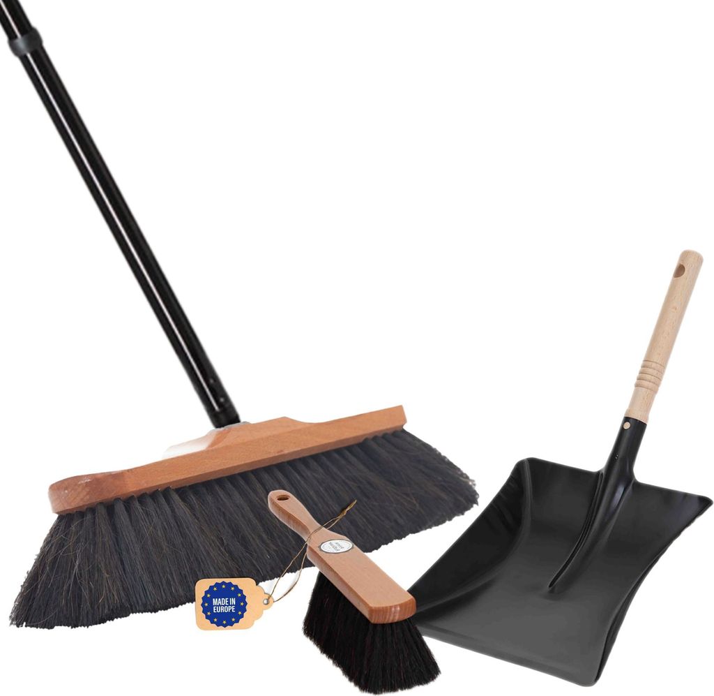 Novaliv Zimmerbesen mit Stiel stabil ROSSHAAR MISCHUNG Besen weiche Borsten Schrankbesen 4 tlg Steckstiel und Handfeger Kehrblechgarnitur Metall Sc...