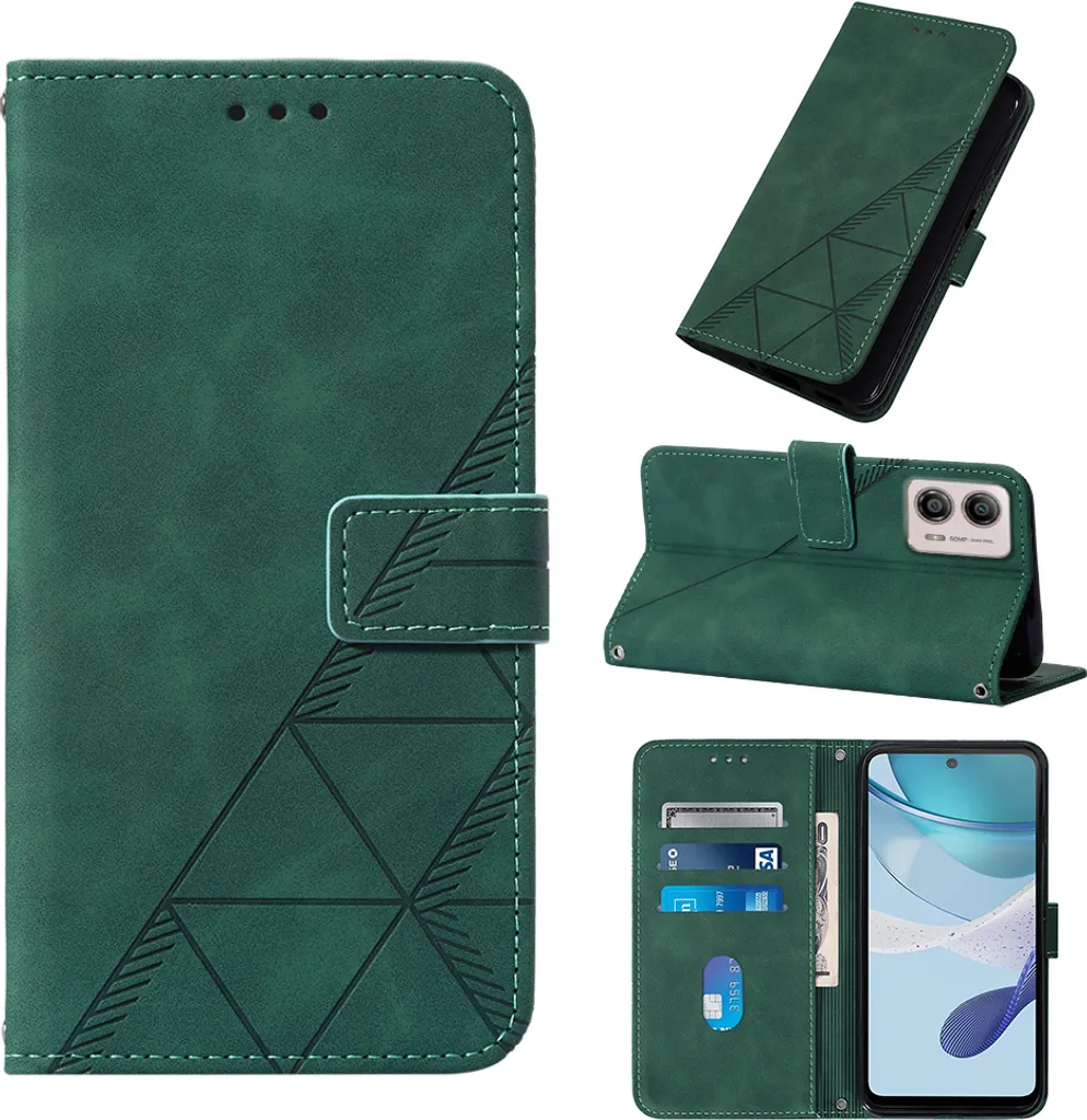 Custodia in pelle flip per Motorola Moto G53 / G23 / G13 custodia a portafoglio con goffratura, porta carte e supporto verde