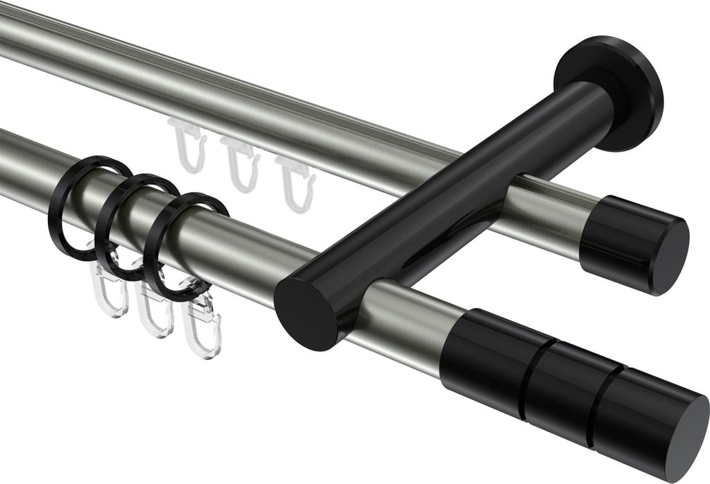 Interdeco Rundrohr-Innenlaufstange / Gardinenstange (Kombination) Edelstahl-Optik / Schwarz, Typ Platon Elanto (Rillenzylinder), 20 mm Ø 2-läufig...