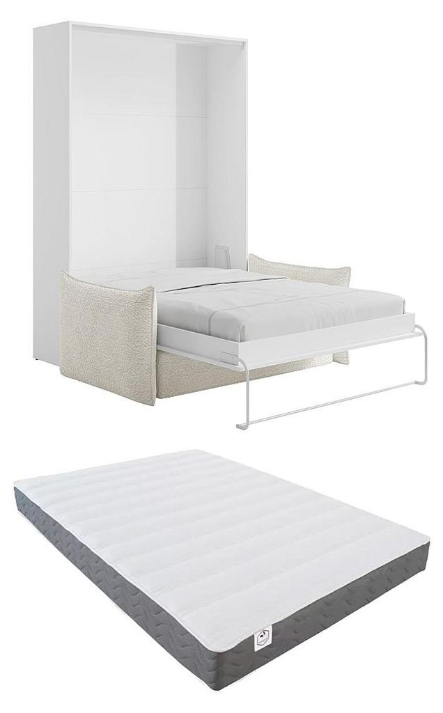 Schrankbett 160 x 200 cm - Manuelles vertikales Öffnungssystem - Weiß + Sofa + Matratze - BEGANIO