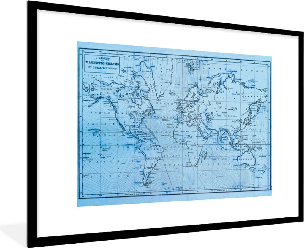 MuchoWow® Gerahmtes Poster Weltkarte - Blau - Linien 90x60 Produktbild 