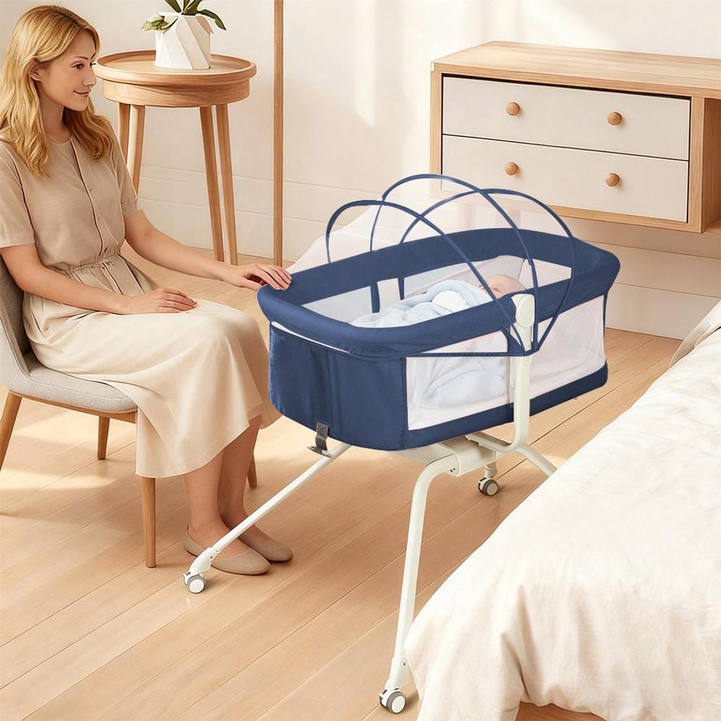 2 in 1 Beistellbett Baby mit Matratze,Faltbares Co-Sleeper,Reisebett Babybett,Stubenwagen,Babywiege für 0-12 Monate Hause und Reisen 94x70x80cm Blau