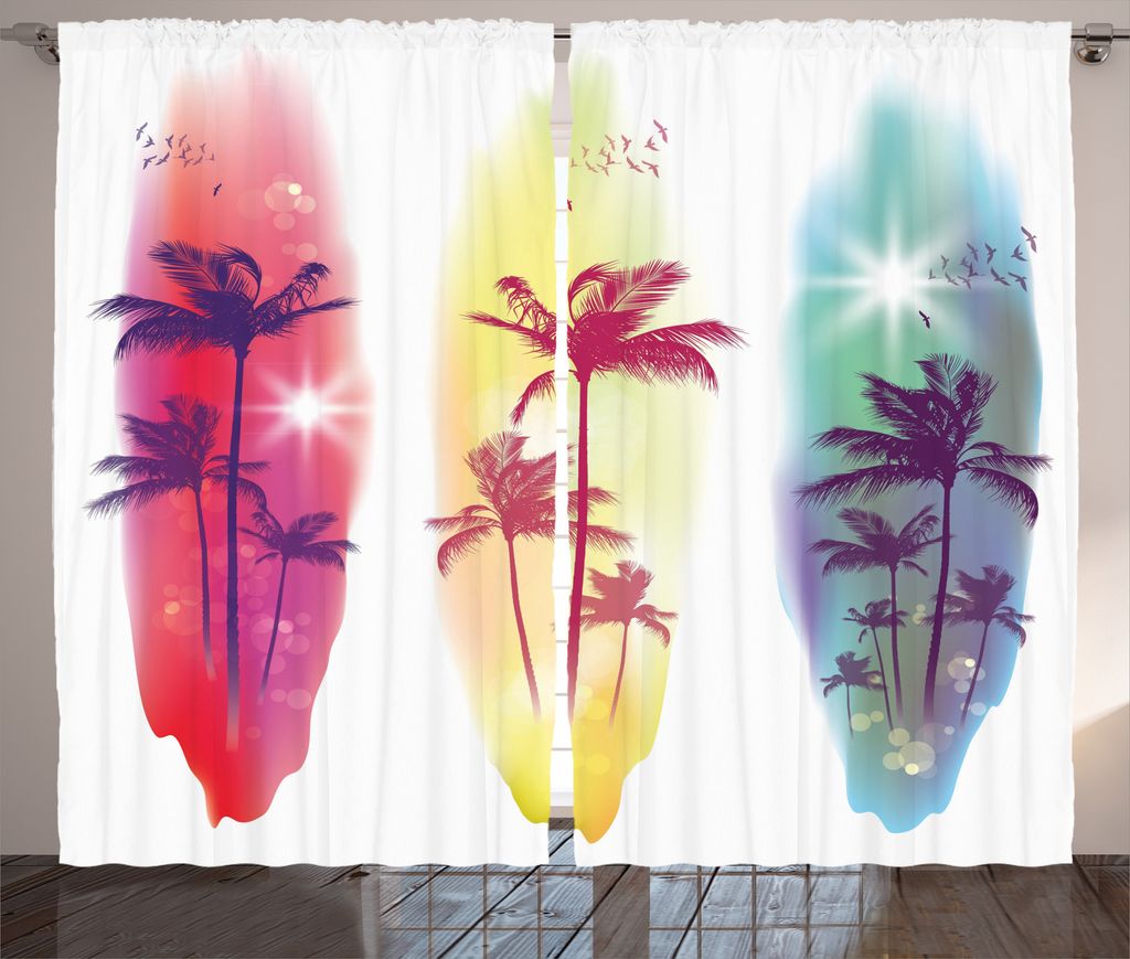 ABAKUHAUS Tropisch Rustikaler Gardine, Palmen Seemöwen, Schlafzimmer Kräuselband Vorhang mit Schlaufen und Haken, 280 x 225 cm, Lila Fuchsia Blas...
