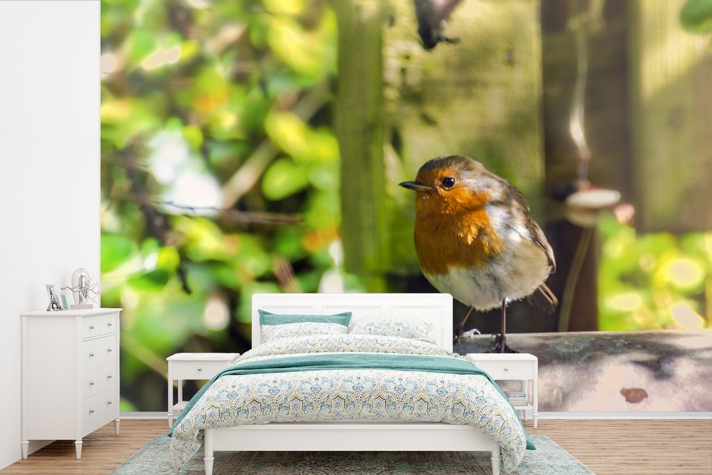 MuchoWow Fototapete für Wohnzimmer oder Schlafzimmer Wandtapete Vinyl Motivtapete Vogel - Laub - Garten - 450x300 cm - Gemusterte