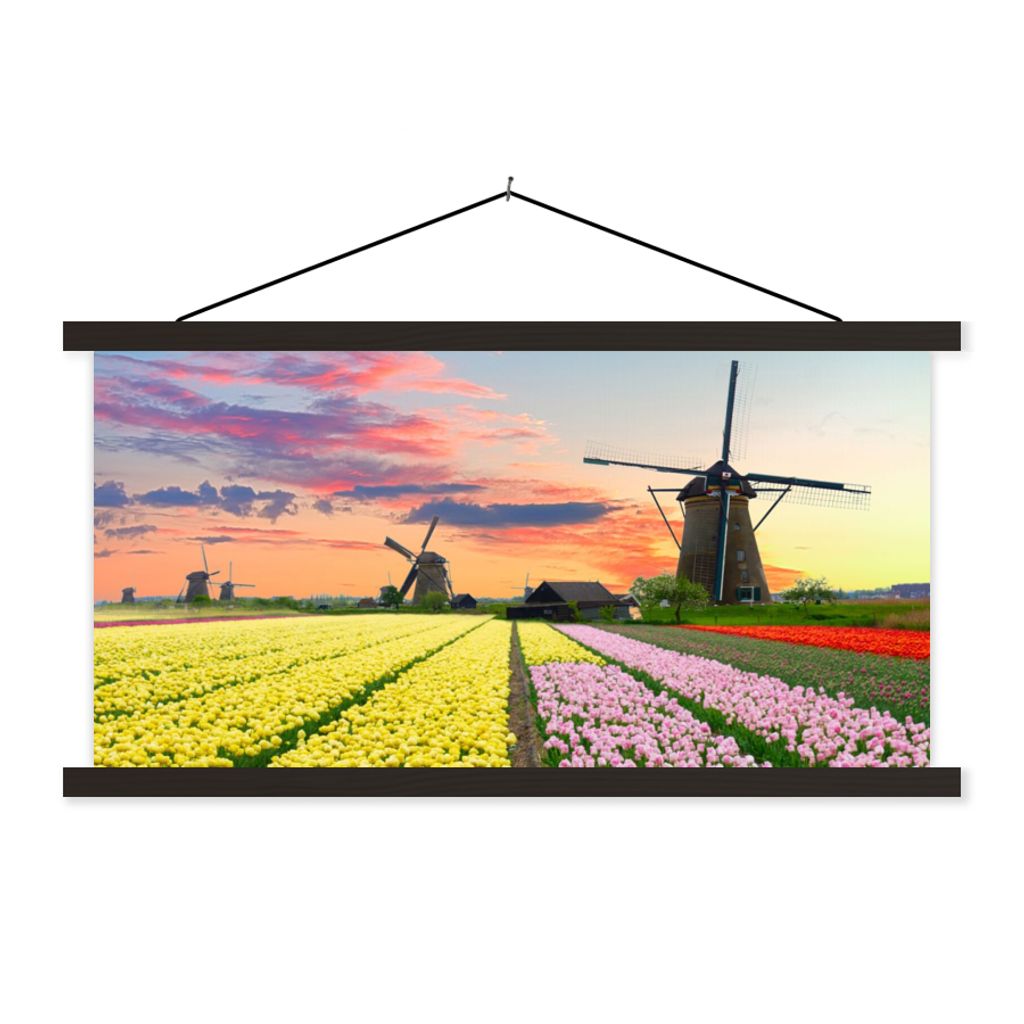 MuchoWow Textilposter Windmühle - Tulpen - Blumen - Niederlande 60x30 cm mit schwarzem Rahmen - Textilien