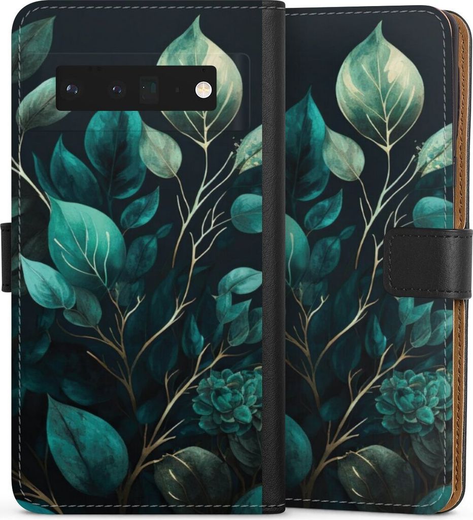 DeinDesign Klapphülle für Google Pixel 6 Pro Handytasche Lederhülle Tasche Blätter schwarz Eukalyptus