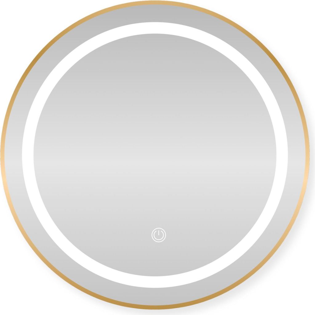 A round LED bathroom mirror with a gold frame.