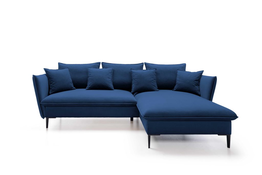 BETTSO Ausgeklapptes Ecksofa ROSSA navy blue mit Bettzeugablage und Kissen rechts