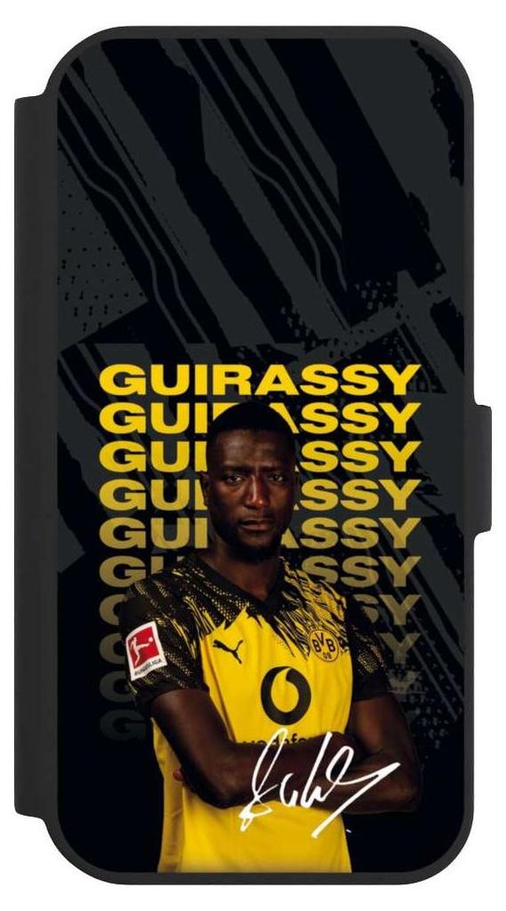NIVOCASE Klapphülle für Apple iPhone 15 Handyhülle aus Kunst Leder NIVOflip schwarz BVB Borussia Dortmund Serhou Guirassy