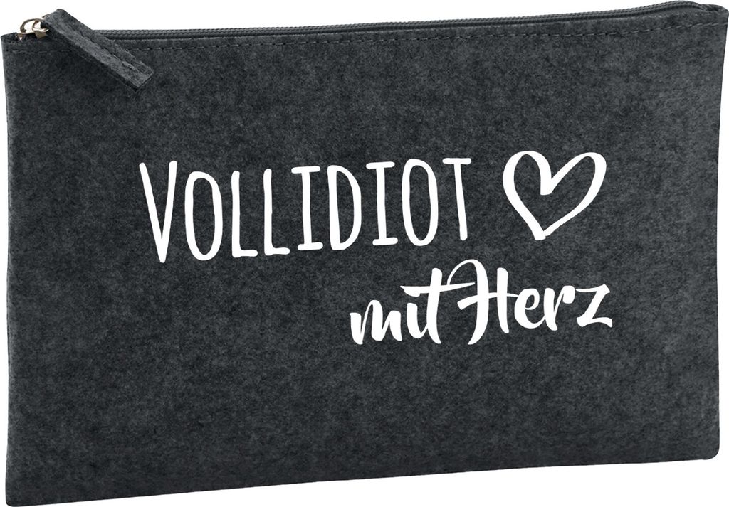 Huuraa Kulturbeutel Vollidiot mit Herz 1 Liter Charcoal Filz Kosmetiktasche Geschenkidee