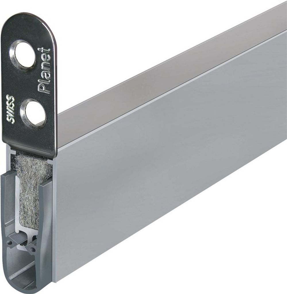 A close-up, angled view of a silver aluminum door seal with a gray plastic bottom and a metal bracket attached.