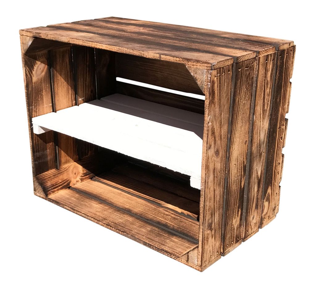 3er Set neue geflammte/flammbiete Obstkiste mit Mittelbrett weiß 50cm x 40cm x 30cm Schuhregal Weinkiste Holzkiste Box
