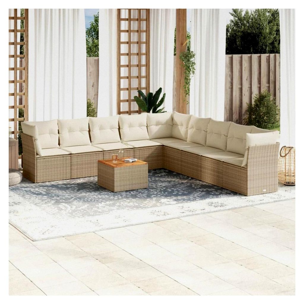 Gartenmöbel-Set mit Kissen, Beige, 10-teilig, Polyrattan, Outdoor-Möbel-Set