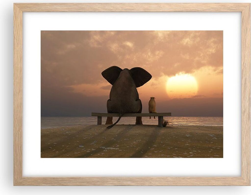 Gerahmtes Poster - Rahmen in heller Eiche - Elefant Ufer Meer - 40x30 cm - Wand Bild - Wanddeko - Wandbilder - Wandposter - Bilderrahmen - Bilder -...
