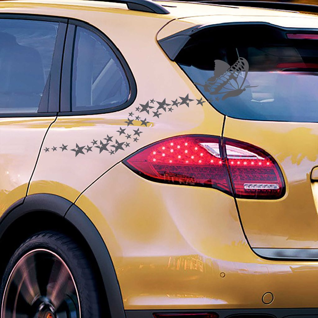 Aufkleber - Autoaufkleber "Sternen Schmetterling" 90cm x 49cm dunkelgrau - Tuning Carystyling Heckscheibe Auto