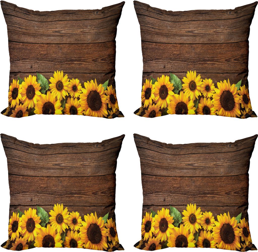 ABAKUHAUS rustikales Holz Kissenbezug Set (4 Stück), Herbst Sunflower Motiv, Moderner Doppelseitiger Digitaldruck, 60 cm x 60 cm, Redwood Brown