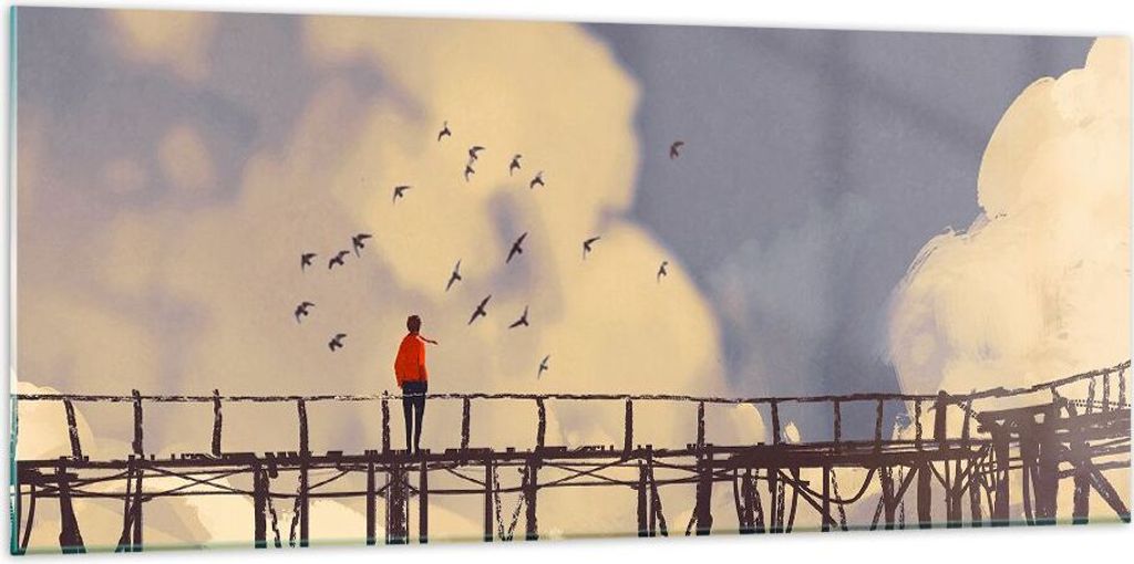 Bilder auf glas - Wolken Brücke Vögel Landschaft - 120x50cm - Glasbilder - Wandbilder - Kunstdruck - zum Aufhängen bereit - Wanddekoration aus G...
