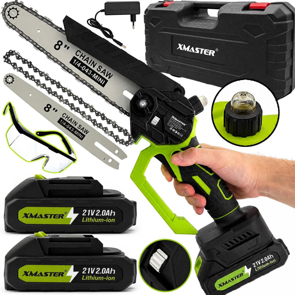 XMaster Akku-Kettensäge, 8-Zoll-Säge, 2 Akkus, Koffer und Produktbild 