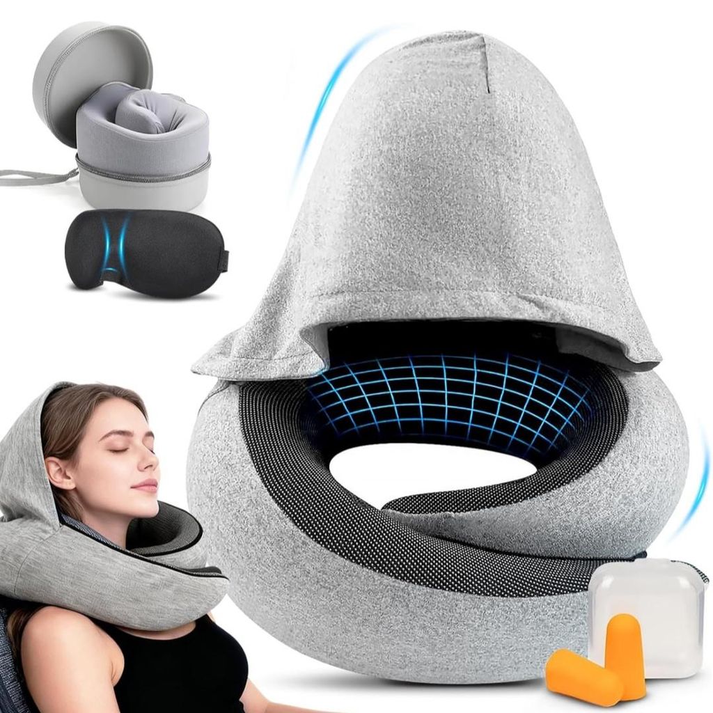 Nackenkissen mit Kapuze & Memory-Schaum, verstellbarer Reisekissen, mit Schlafmaske, Ohrstöpsel, Tragetasche ideal für Flugzeug, Auto, Zug & Büro