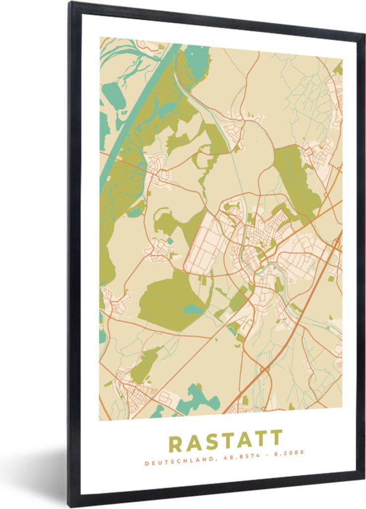 MuchoWow Gerahmtes Poster Karte - Rastatt - Jahrgang - Karte 20x30 cm - Poster mit Schwarzem Bilderrahmen Wandposter Rahmen Foto Bilder - Drucken...