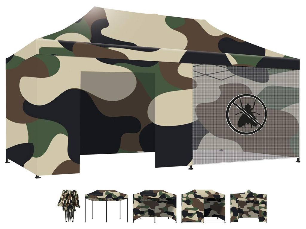 Taman 3x6 - Faltbarer Gartenpavillon mit Seitenteilen und Moskitonetz Camouflage