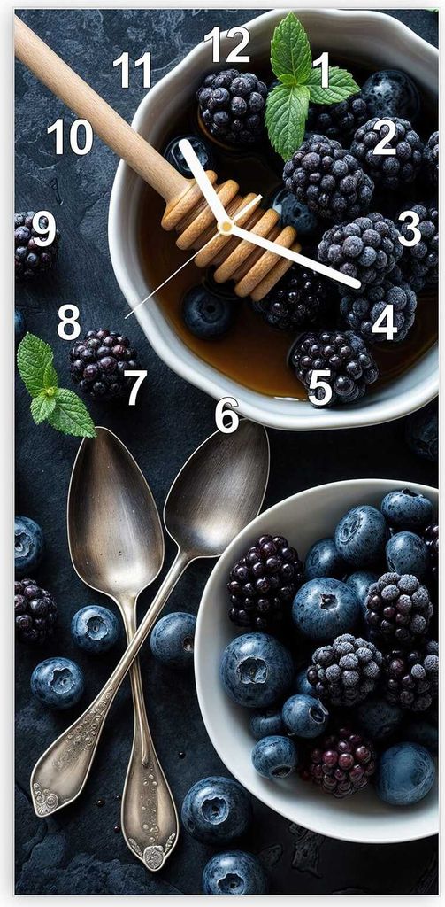 Wanduhr aus Glas mit Motiv Blaubeeren Stillleben- 30 x 60 cm - inkl. Aufhängesystem