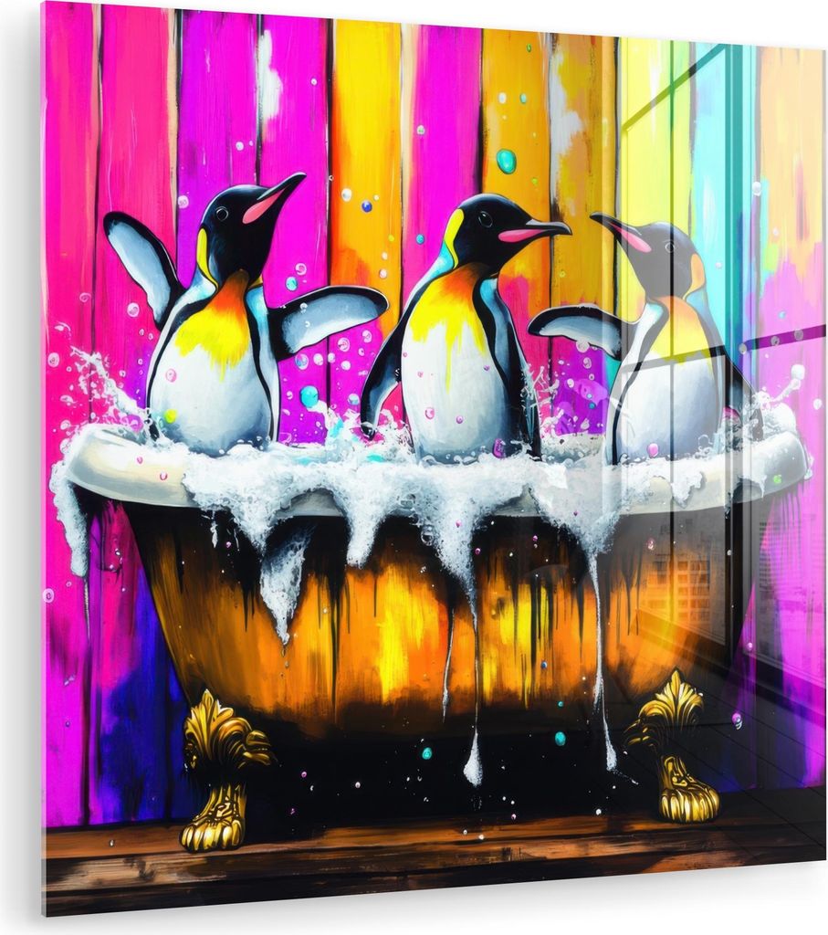 MuchoWow Glasbilder - Bilder auf Wandbild - Foto auf Glas Pinguine - Badewanne - Bunt - Schaumstoff 90x90 cm Wanddekoration aus Glas - Acrylglasbil...