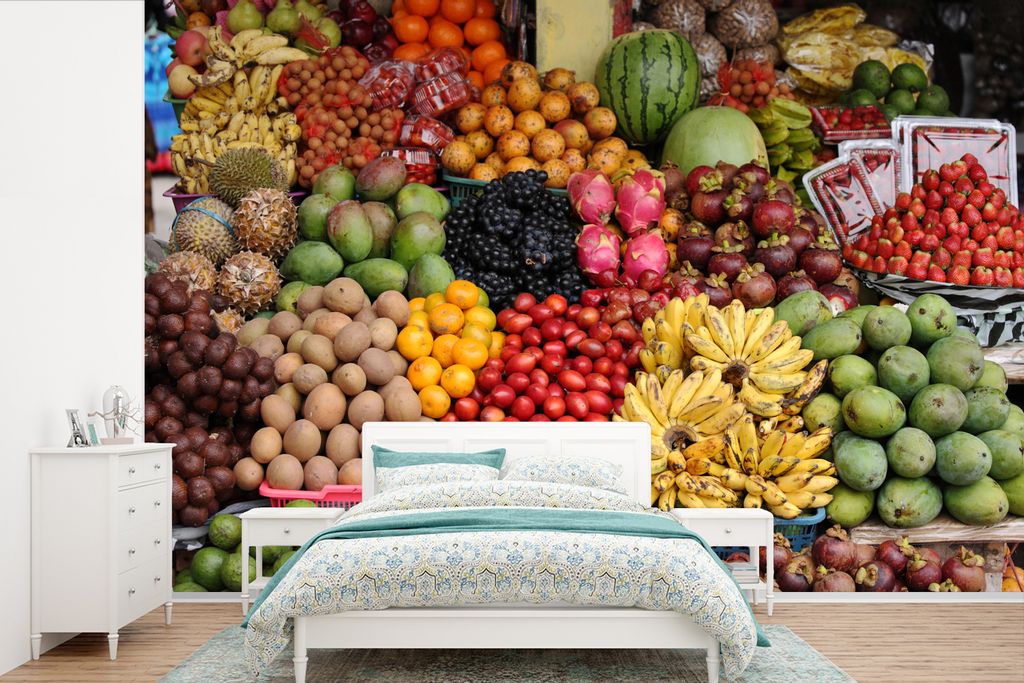 MuchoWow Fototapete für Wohnzimmer oder Schlafzimmer Wandtapete Vinyl Motivtapete Obst - Kiste - Tropisch - Indonesien - 390x260 cm - Papiertapete