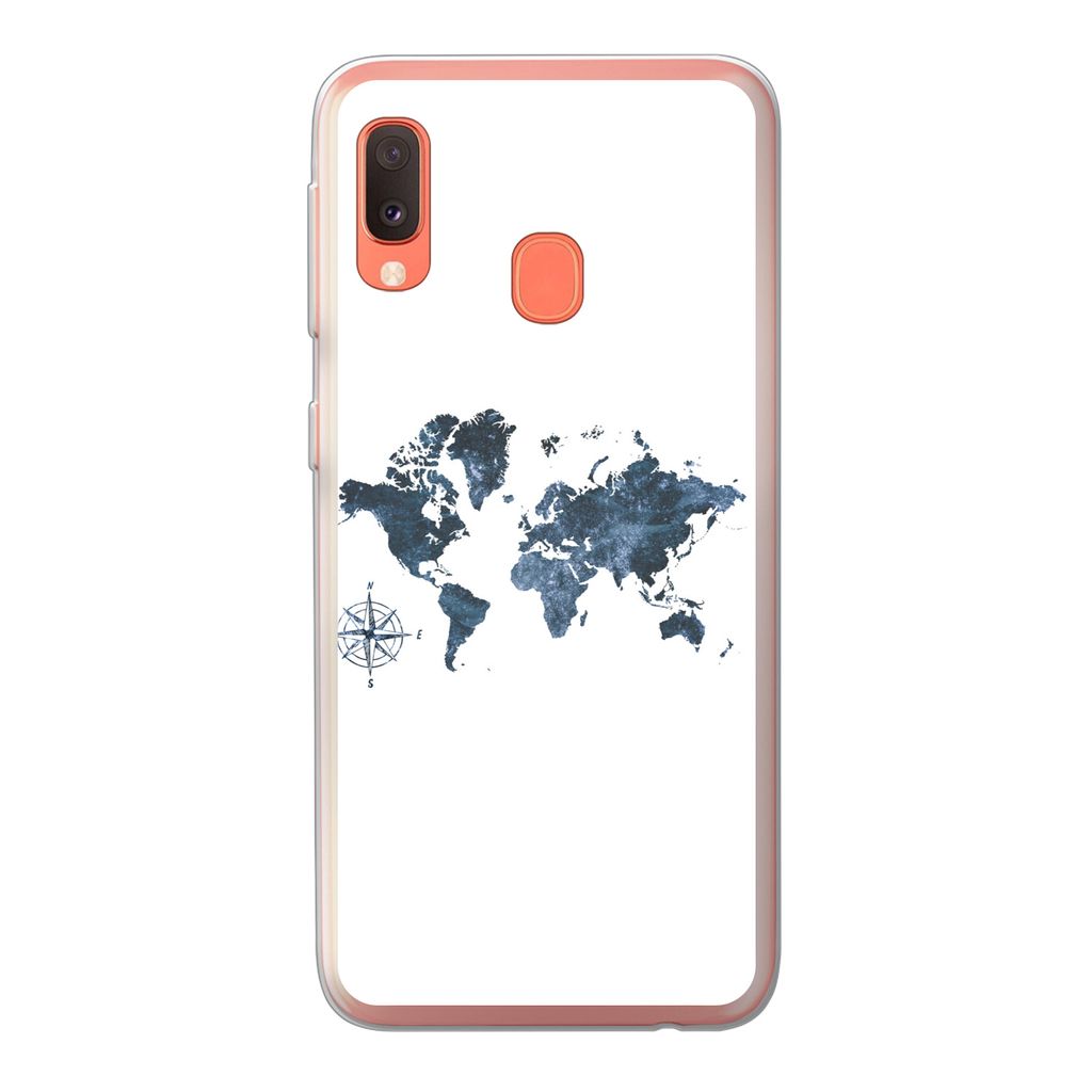 MuchoWow Handyhülle Schutzhülle Hülle für Samsung Galaxy A20e Weltkarte - blau - Kompass Silikon Softcase Handy Hülle - Abdeckung