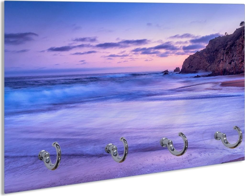 Wallario Schlüsselbrett aus Glas, Motiv: Kalifornischer Strand am Abend mit Felsenküste, 30 x 20 cm mit 4 Haken
