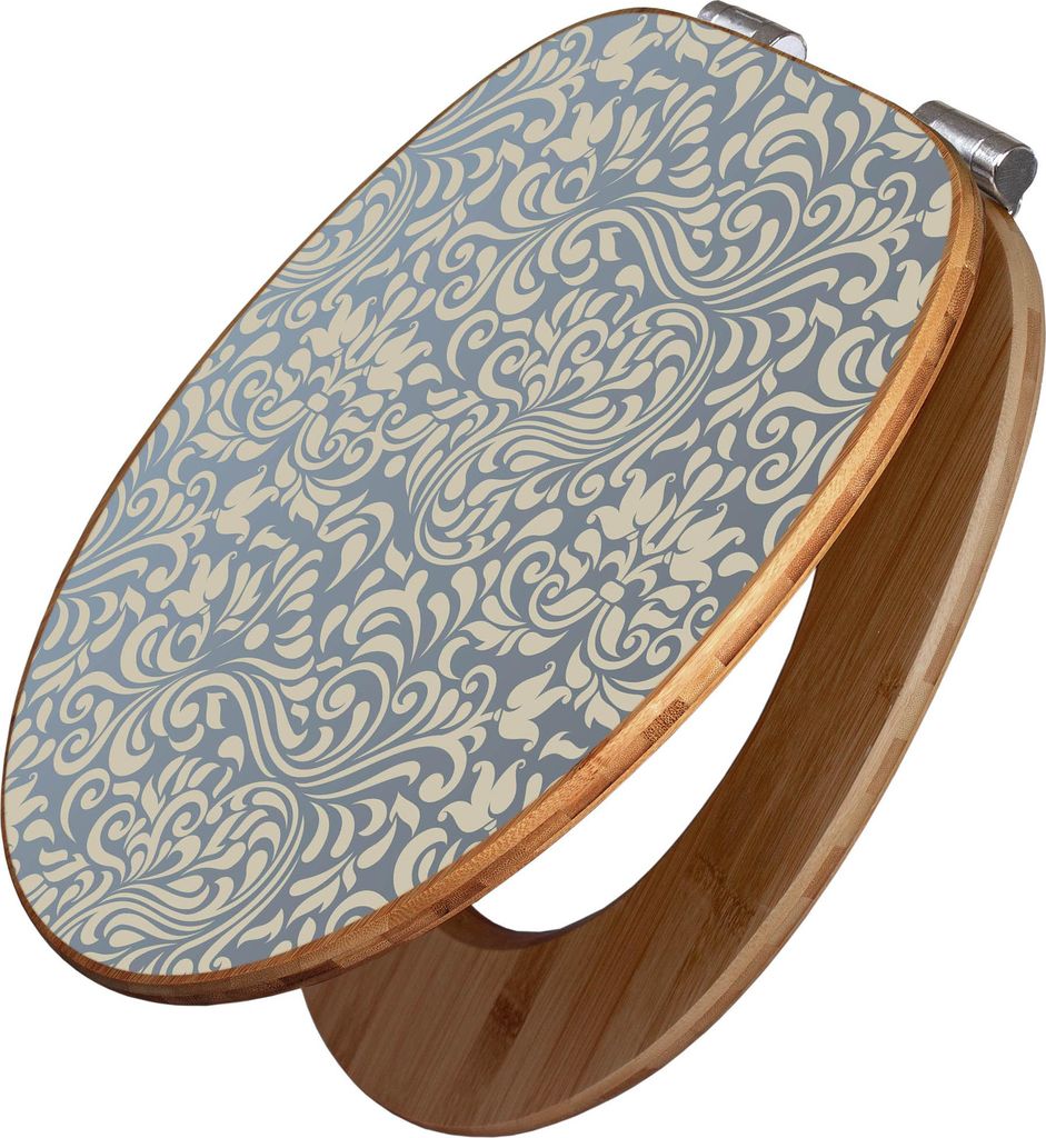 A toilet seat made of bamboo with a blue ornamental pattern.