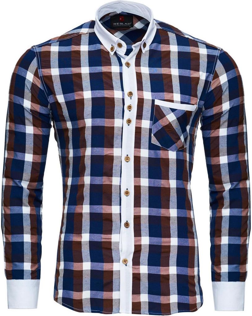 Reslad Herren Hemd Karo Muster Button-Down-Kragen Langarmhemd RS-7213 Braun S