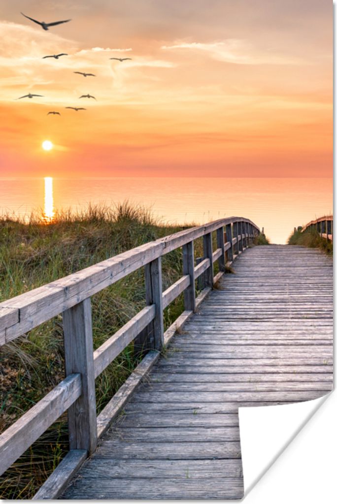 MuchoWow Poster Sonnenuntergang - Meer - Weg - Gras - Düne - Vögel 40x60 cm - Plakate für die Wand - Poster Babyzimmer