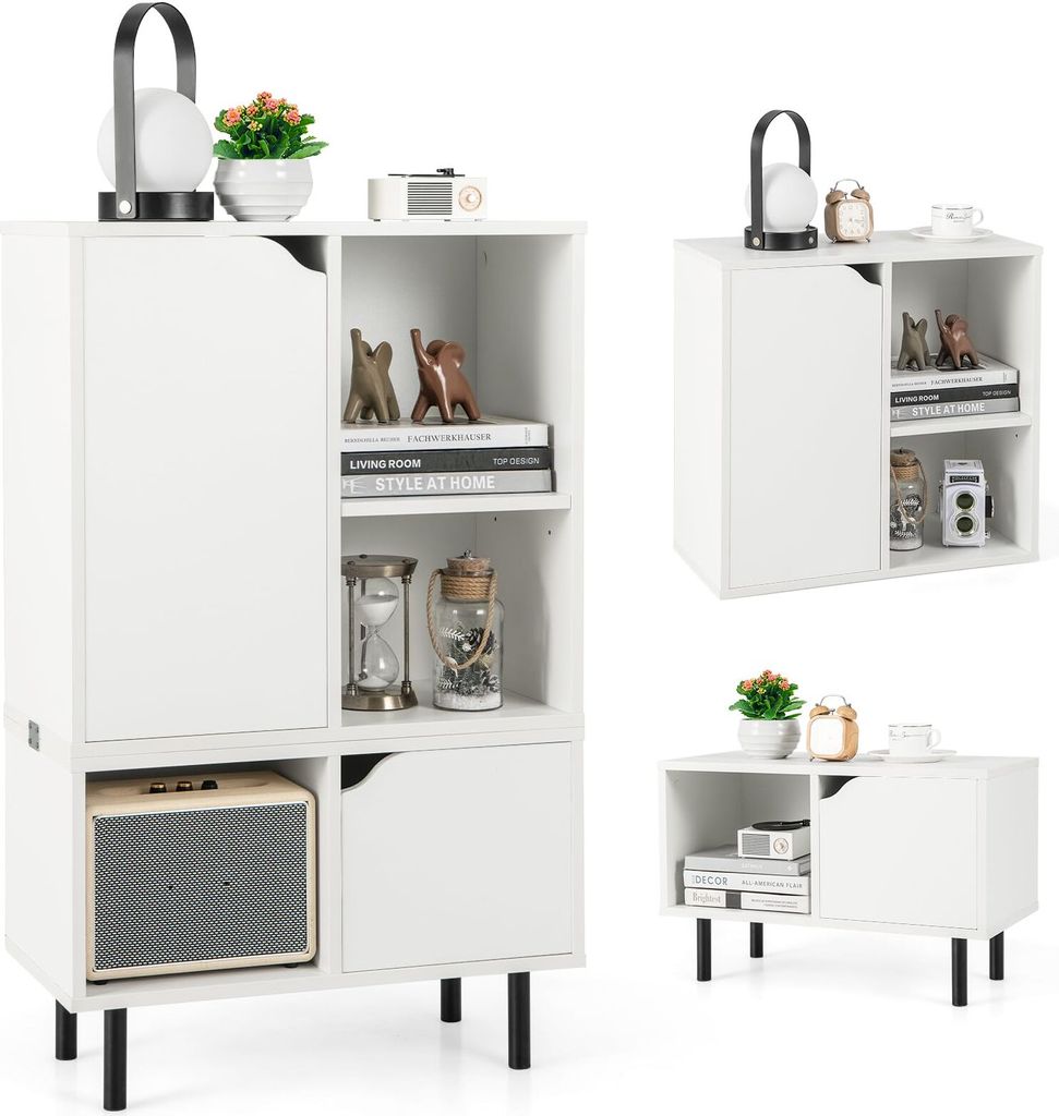 A collage of images showing a white modular bookshelf with black legs, displayed in different configurations and angles.