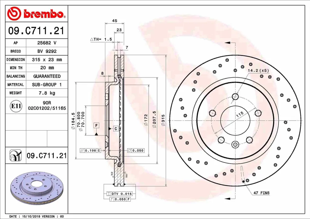 Brembo 09.C711.21 Disque de Frein OE 13371163 pour Opel Astra J GTC