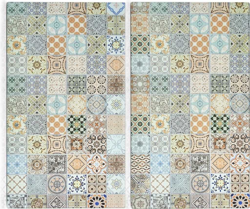A collage of square tiles with mosaic patterns.