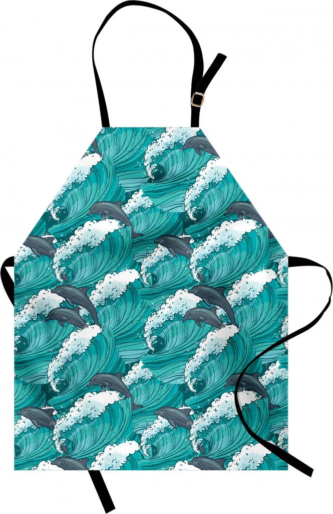 ABAKUHAUS Meerestiere Kochschürze, Wellenförmiger Ozean mit Delphinen Windy Surfing Doodle Style Kunstdruck, Farbfest Höhenverstellbar Waschbar ...