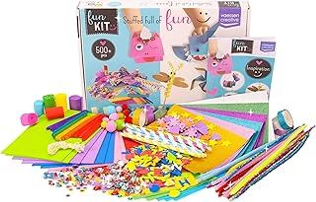 Vaessen Creative 1119-902 Set di bricolage per bambini con 500 materiali di alta qualità come gommapiuma, occhi mobili, carta da bricolage, scovolini, nastro washi, strass e altro ancora, colorato