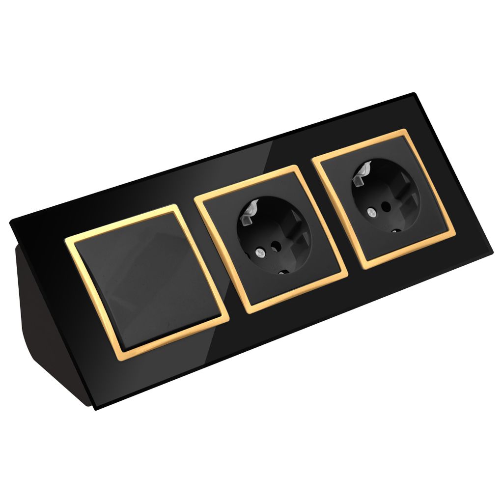 Glas Ecksteckdose 3-fach Steckdose + Lichtschalter Steckdosenblock 45° Verteilerdose schwarz mit goldenem Rand.