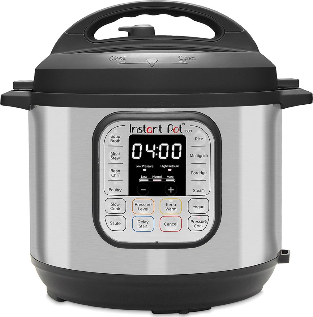A front view of an Instant Pot Duo 7-in-1 Smart Cooker on a white background.