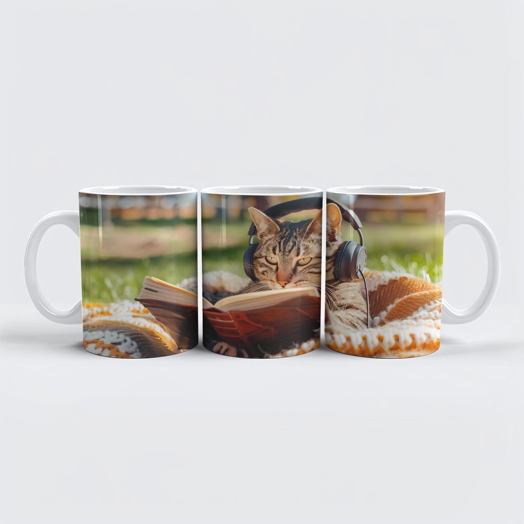 raxxa Premium-Tasse "Cat reading book on knitted blanket"