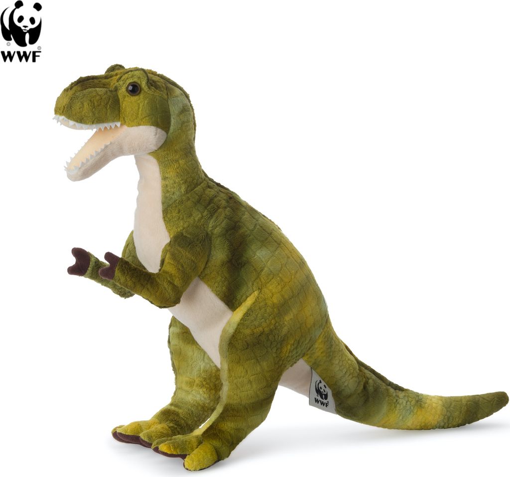 A stuffed toy dinosaur with the WWF logo visible.