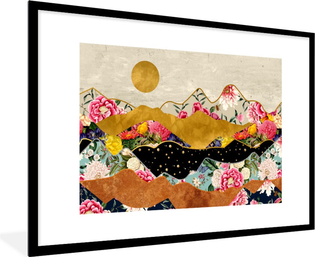 MuchoWow Gerahmtes Poster Gold - Blumen - Druck - Abstrakt - Landschaft - Muster 90x60 cm - Poster mit Schwarzem Bilderrahmen Wandposter Rahmen F...