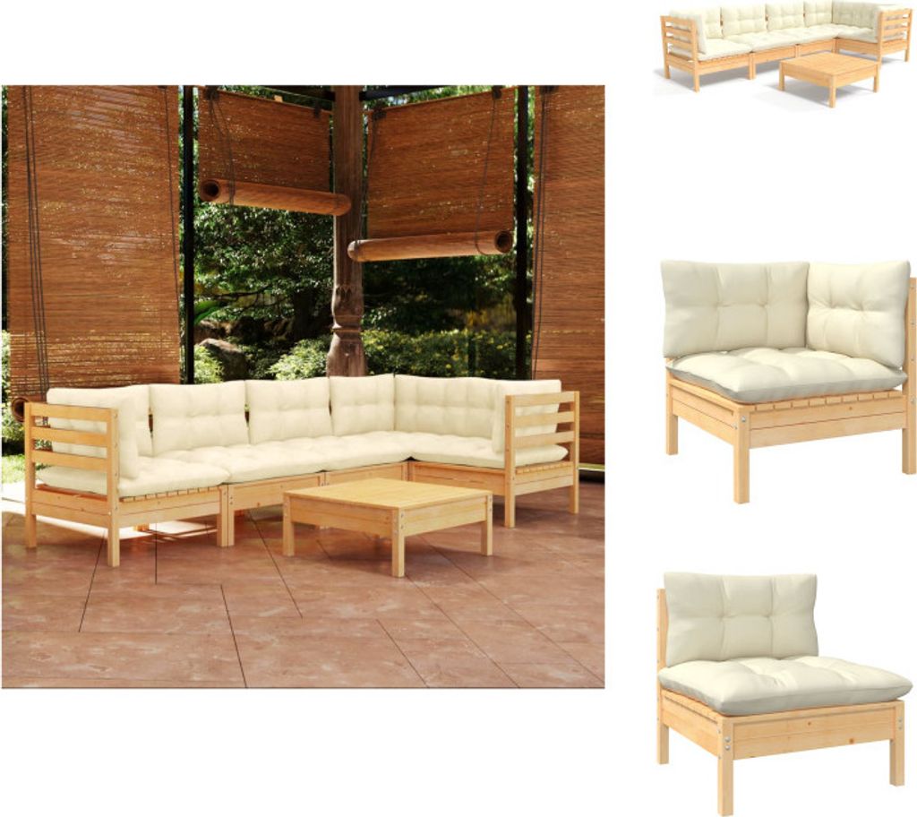 vidaXL 6-tlg. Garten-Lounge-Set mit Creme Kissen Kiefernholz - Gartenmöbel-Sets